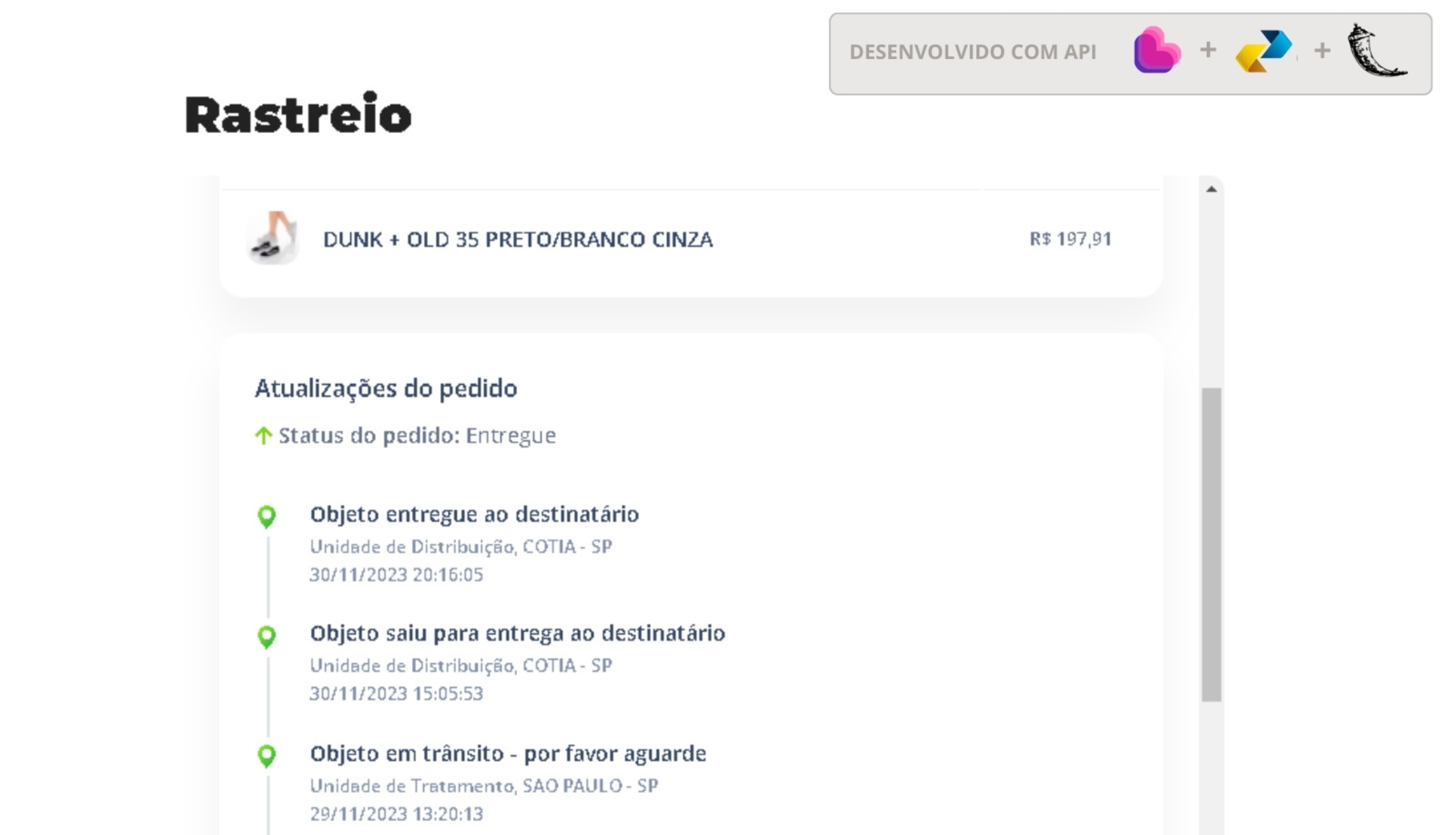 Página do site Rastreio